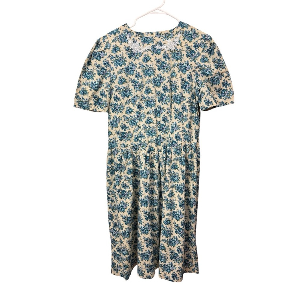 Hand Made Prairie Dress Size L/XL Blue Floral Calico Lace Trim Cottagecore